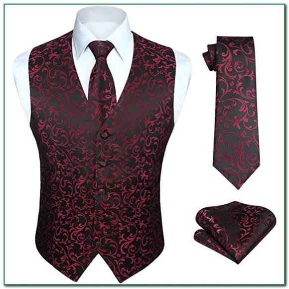 Men's Paisley Floral Jacquard Suit Vest, Black&burgundy